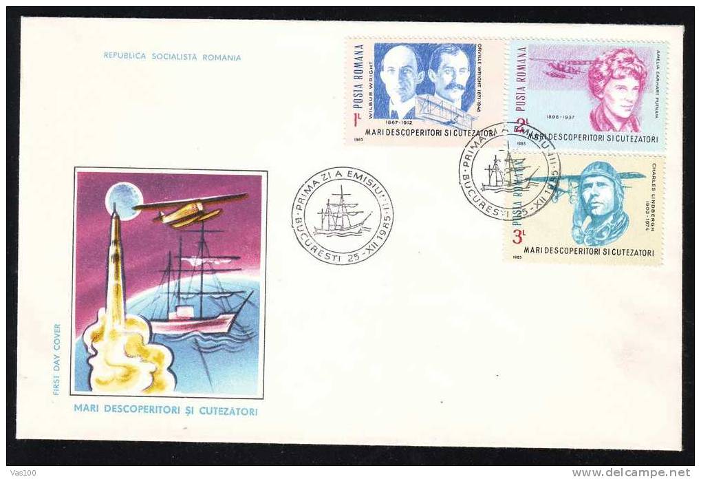 ORVILLE WRIGHT,CHARLES LINDBERGH,AMELIA EARHART PUTNAM ,FDC 1985 OF ROMANIA. - Sonstige (Luft)