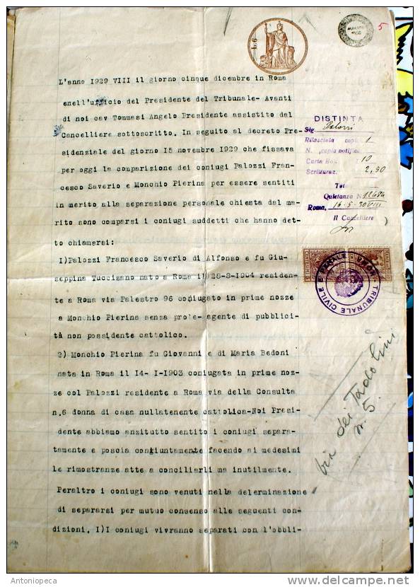 ITALY 1930 - DOCUMENTO ORIGINALE CON BOLI E TIMBRI - Fiscales