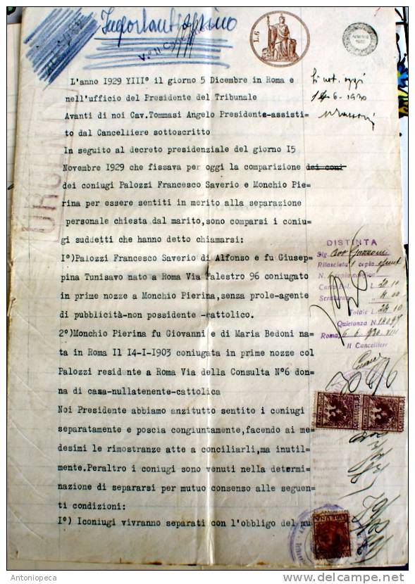 ITALY 1930 - DOCUMENTO ORIGINALE CON BOLI E TIMBRI - Fiscali