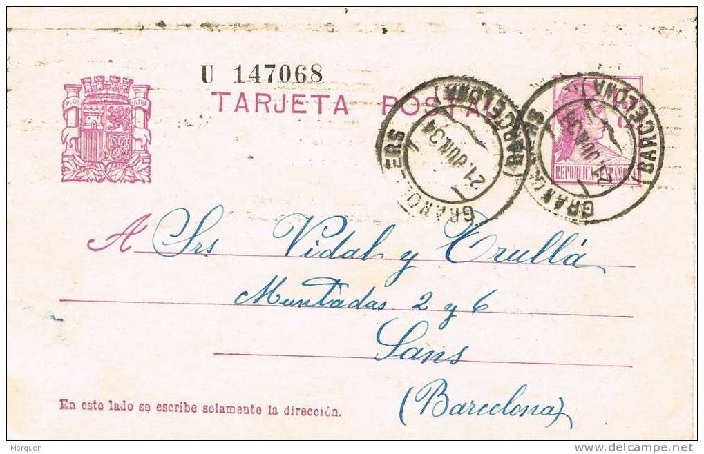 Entero Postal GRANOLLERS (Barcelona) 1934.  Republica - 1931-....