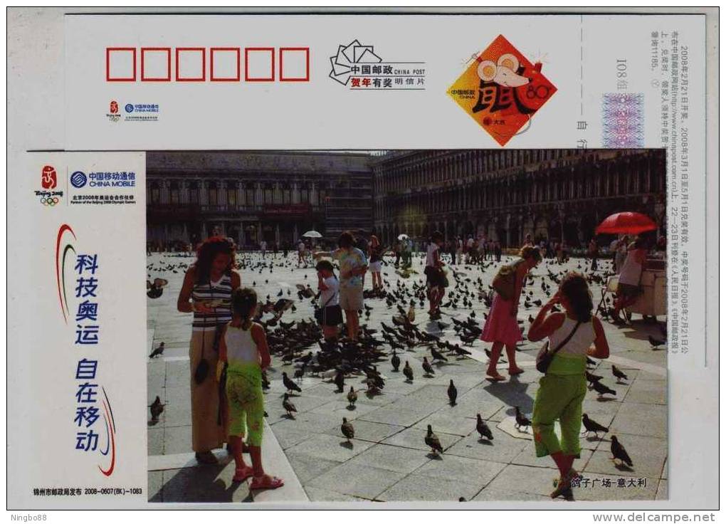 Italian Pigeon Plaza,China 2008 China Mobile World Scenery Series Advertising Pre-stamped Card - Palomas, Tórtolas