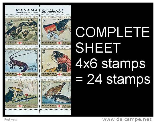 2 X ANIMALS Manama 1971. Animal.Philatelic Exhibition Frogs Fishes Apes 10Dh-75Dh Japan-related. Sheet:24 Stamps(4x6) - Manama