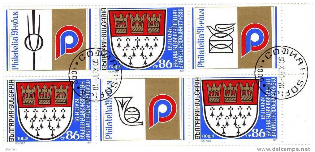 Kleinbogen-Paar Philatelia Köln 1991 Bulgarien 3935,2ZD+2x6-KB O 8€ Brieftaube Stadtwappen Zierfeld Hb Sheet Bf BULGARIA - Variétés Et Curiosités