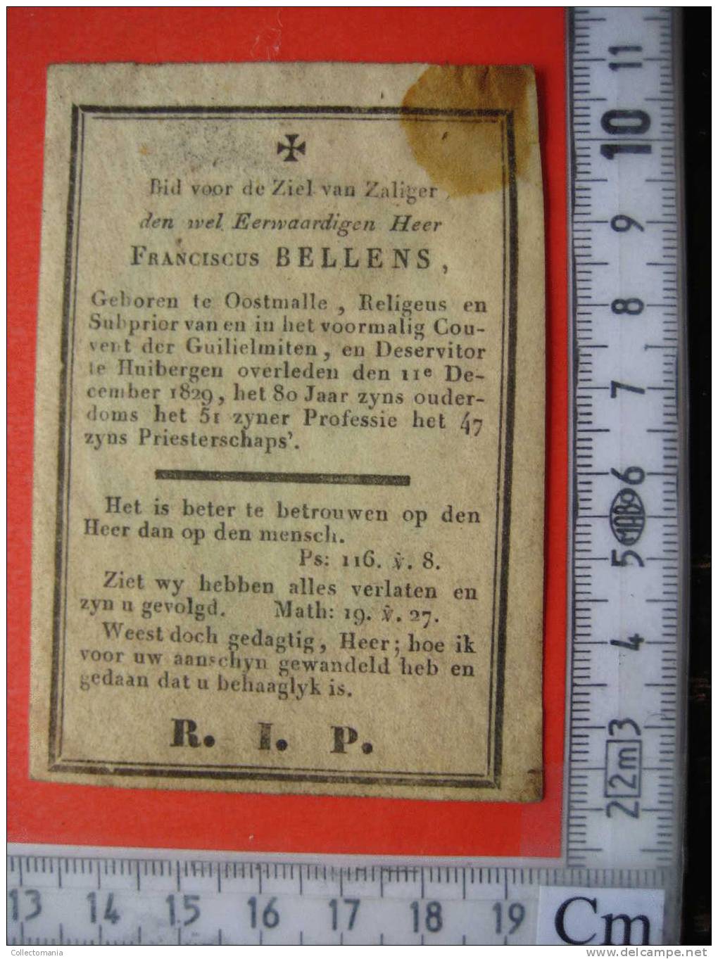 Doodsprentje 1829 Franciscus Bellens /   Priester  Deservitor  /  Oostmalle Huibergen  / Elisabeth R I P  RIP - Andachtsbilder