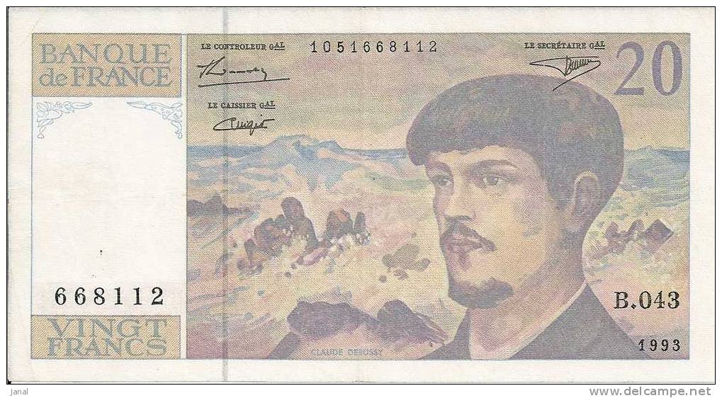 - BILLETS - FRANCE - 20 F - DEBUSSY - 1993 - 668112 - - 20 F 1980-1997 ''Debussy''