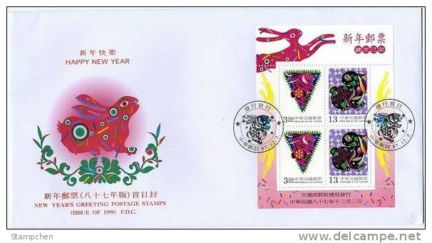 FDC 1998 Chinese New Year Zodiac Stamps S/s - Rabbit Hare 1999 - Conigli