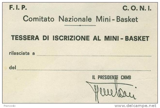 C.O.N.I.-F.I.P.-TESSERA MINI-BASKET ANNI 70 - Other & Unclassified