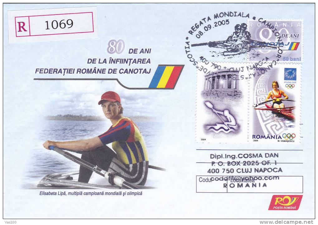 Romania 2005  Elisabeta Lipa Stationery  Registred Cover Canoë  Rowing,stamps +label ,obliteration Concordante!! - Canoë