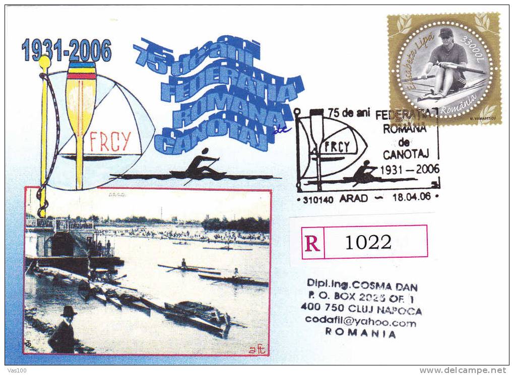 Romania 2006  Registred Cover Canoë  Rowing,stamps Elisabeta Lipa,obliteration Concordante Arad !! - Canoë