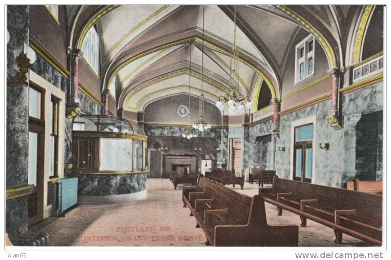 Grand Trunk Railroad Depot, Railroad Station Interior View, On C1910 Vintage Postcard, Ticket Window, Benches - Gares - Sans Trains