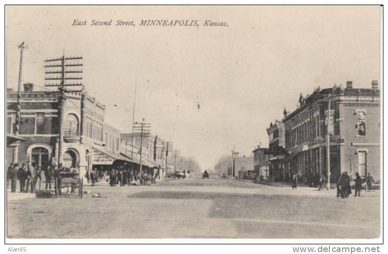 Minneapolis Kansas, East Second Street Scene, Horsedrawn Wagons, Animated Scene With Market On 1900s/10 Vintage Postcard - Sonstige & Ohne Zuordnung