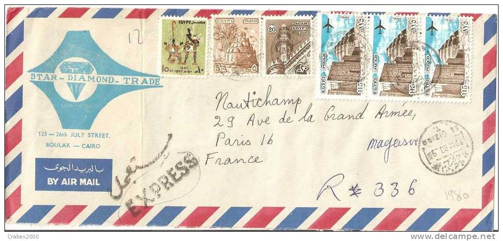 N° Y&t   1123+1054+1056+1054+PA161  LETTRE  LE CAIRE Vers  PARIS     07 DECEMBRE1980 - Covers & Documents