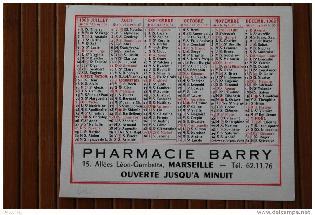 1968 CALENDRIER PETIT FORMATPHARMACIE BARRY LEON GAMBETTA MARSEILLE - Small : 1961-70