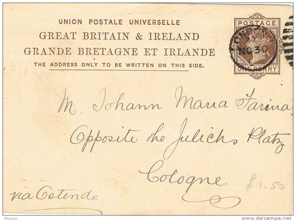 Entero Postal LONDON 1891, Via Ostende A Cologne - Lettres & Documents