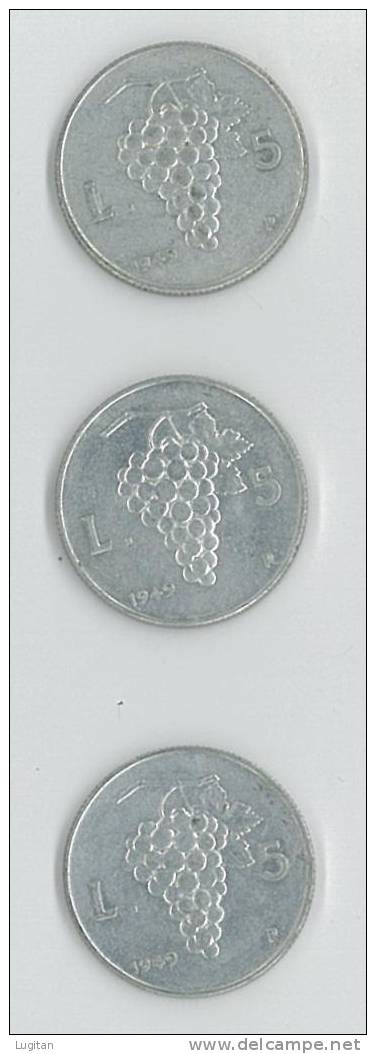 Numismatica: Repubblica Italiana - 5 Lire UVA - Tre Esemplari  Qualità BB Del 1949 - 5 Lire