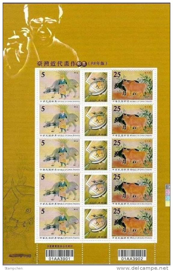 2009 Taiwanese Paintings Stamps Sheet Cattle Ox Cow Painting Buffalo Sugar Cane Magnifier Philately Day - Koeien