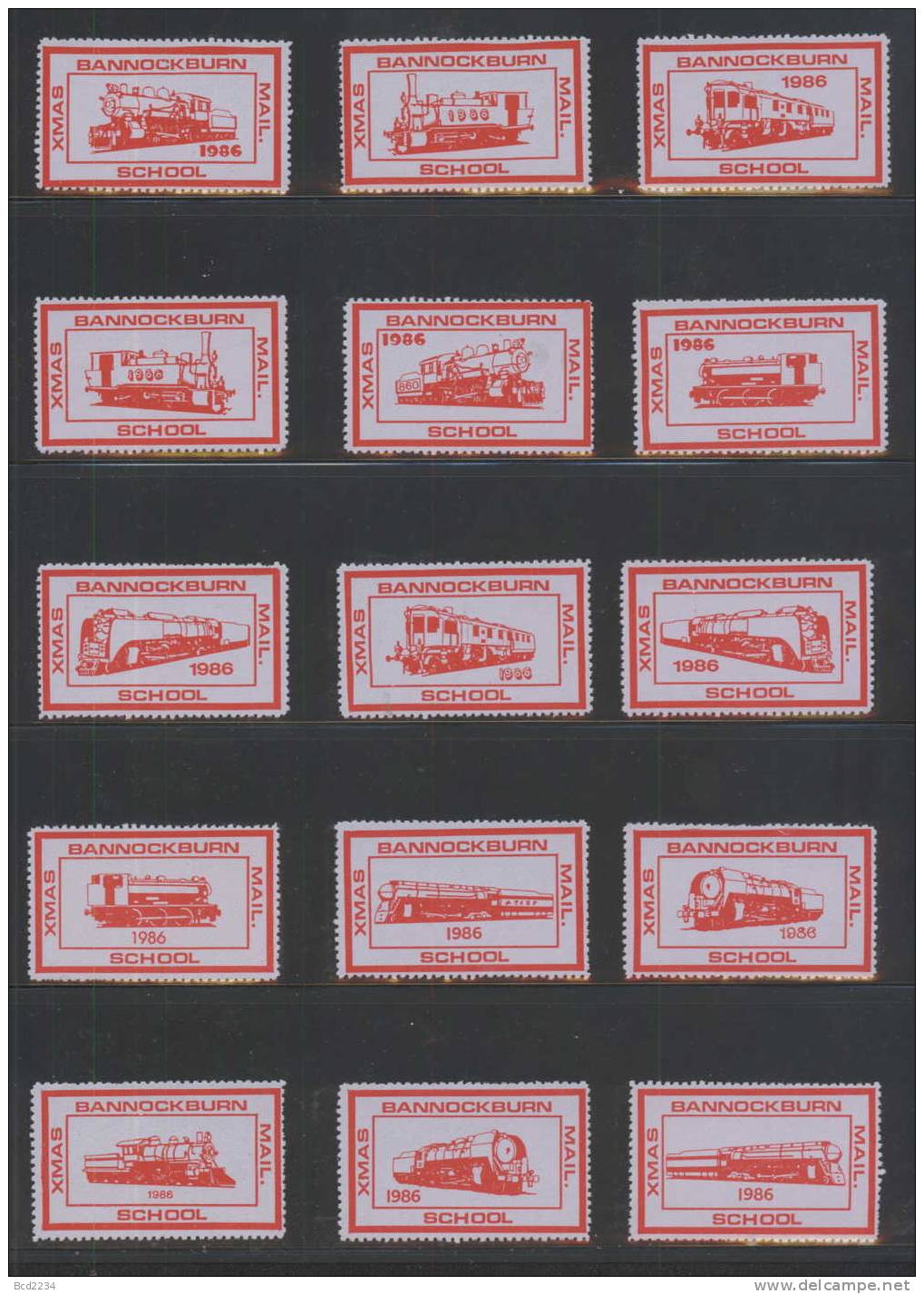 GB BANNOCKBURN SCHOOL 1986 XMAS MAIL STAMPS SET OF 30 TRAINS LOCOMOTIVES RED ON LIGHT BLUE PERF NHM (UNGUMMED) Railways - Werbemarken, Vignetten