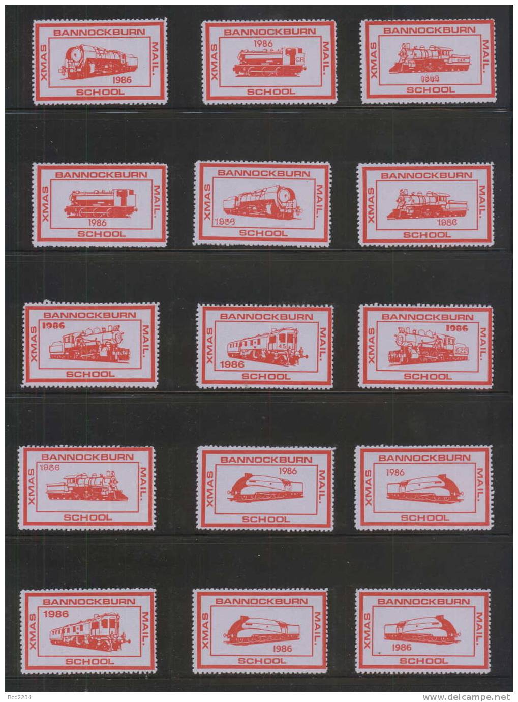 GB BANNOCKBURN SCHOOL 1986 XMAS MAIL STAMPS SET OF 30 TRAINS LOCOMOTIVES RED ON LIGHT BLUE PERF NHM (UNGUMMED) Railways - Cinderellas