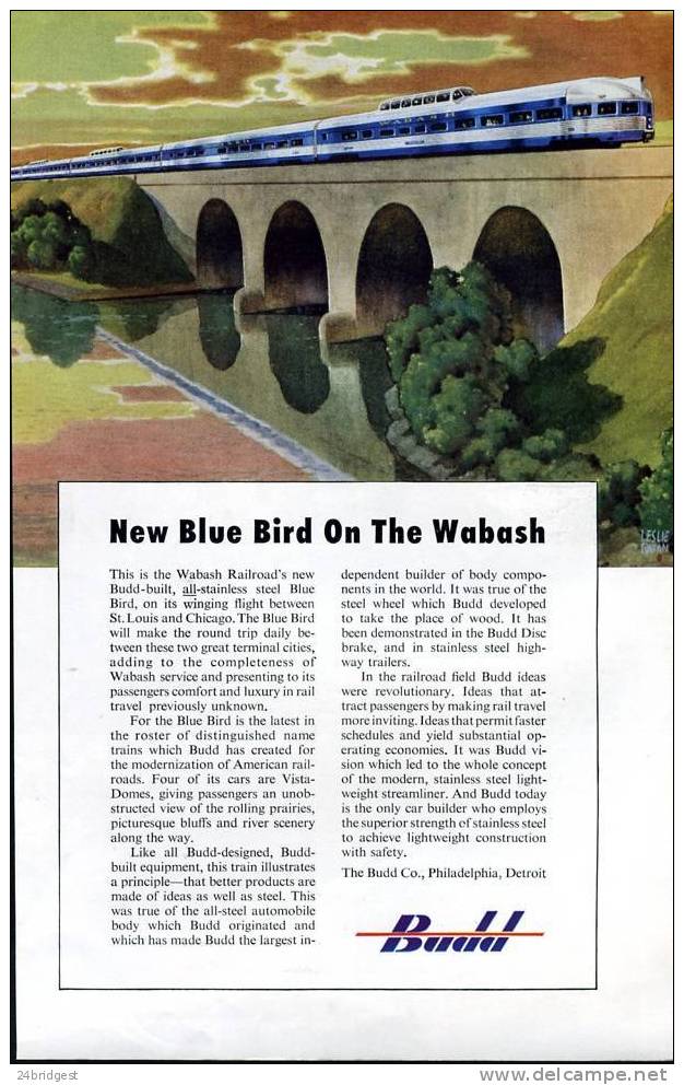 Wabash Railroad Budd Blue Bird Advert 1950 - Railway