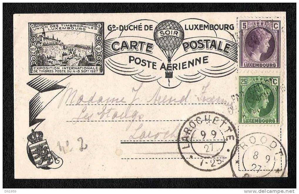 CARTE POSTALE POSTE AERIENNE GRAND DUCHE DE LUXEMBOURG PAR BALLON LA ROCHETTE ROODT 1927 - Lettres & Documents