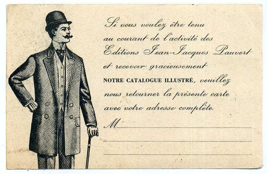 Carte Des EDITIONS Jean-Jacques PAUVERT. 8, Rue NESLE. PARIS 6°. - Advertising