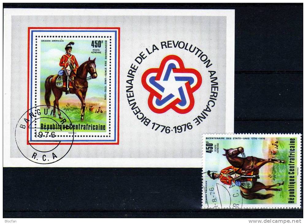 200 Jahre USA 1976 Zentralafrika 412+ Block 10 O 5€ Amerikanischer Dragoner Auf Dem Pferd Bloc Of Africa - Centrafricaine (République)