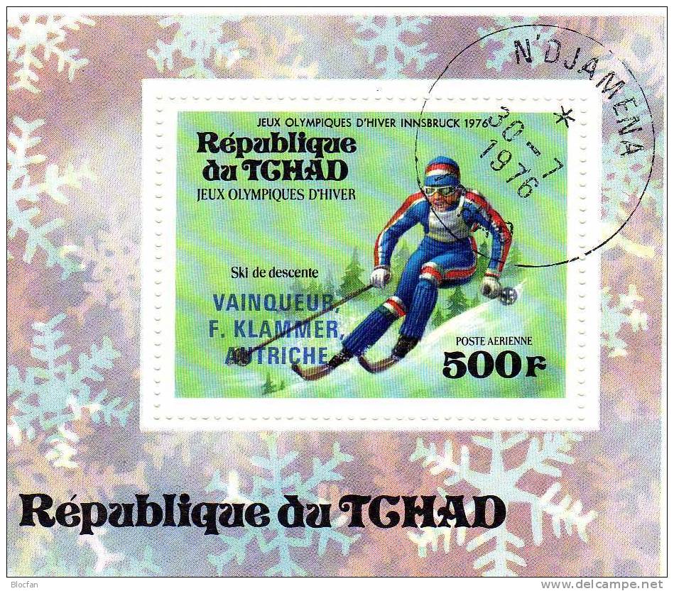 Winter-Olympia Innsbruck 1972 Sieg Klammer Austria Tschad 735 Plus Block 63 O 6€ Goldmedaille Olympic Sheet From Africa - Tchad (1960-...)