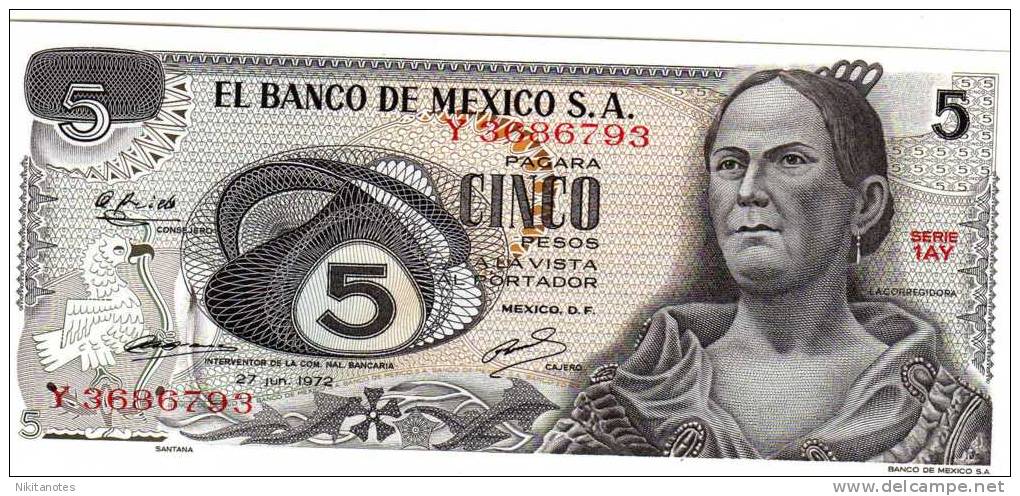 Mexico $ 5 Pesos La Corregidora Jun 27, 1972 UNC. - Mexico