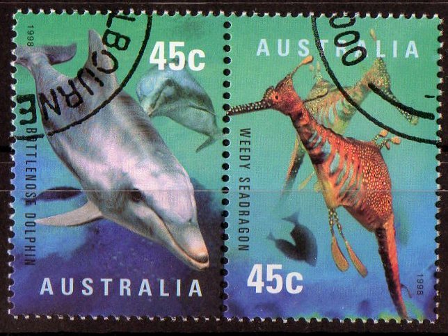 Australia 1998 Year Of The Ocean 45c Se-tenant Pair CTO Bottlenose Dolphin & Weedy Seadragon - Dolphins