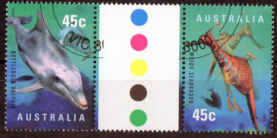 Australia 1998 Year Of The Ocean 45c Gutter Pair CTO Bottlenose Dolphin & Weedy Seadragon - Dolphins