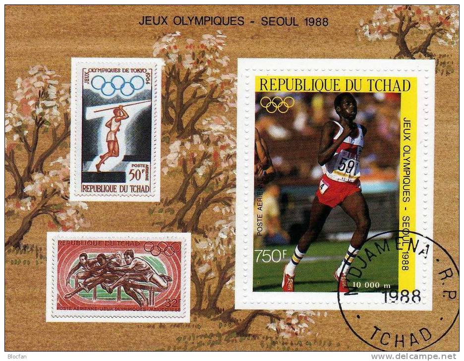 Sommer-Olympia 1988 In Seoul 10 Km-Lauf Tschad 1170 Plus Block 240 O 12€ Stamp On Stamp Olympic Sheet Of Africa - Tchad (1960-...)