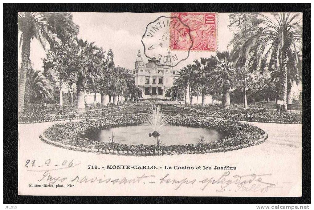 CONVOYEUR NICE A VENTIMILLE 1904 SUR CARTE  MONACO CASINO JARDIN POUR BEZIERS HERAULT - Storia Postale