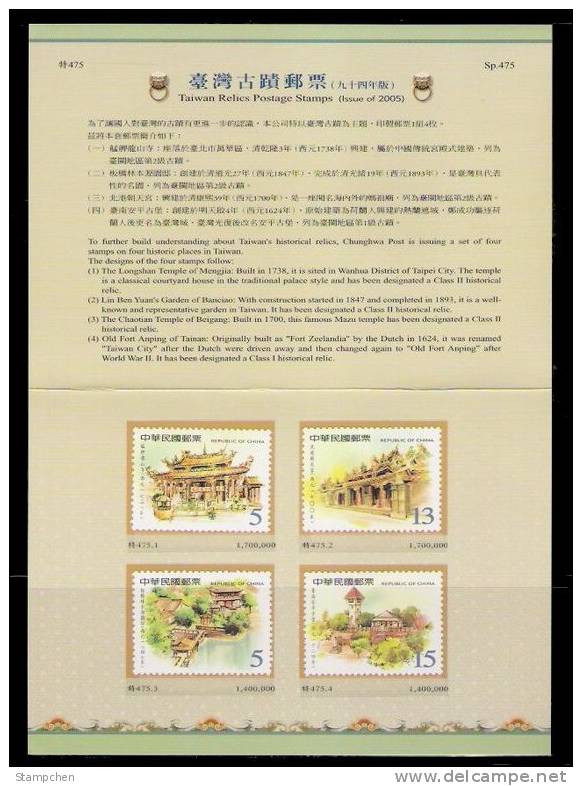 Folder 2005 Taiwan Relic Stamps Temple Garden Fort Architecture Scenery Landscape - Buddhismus