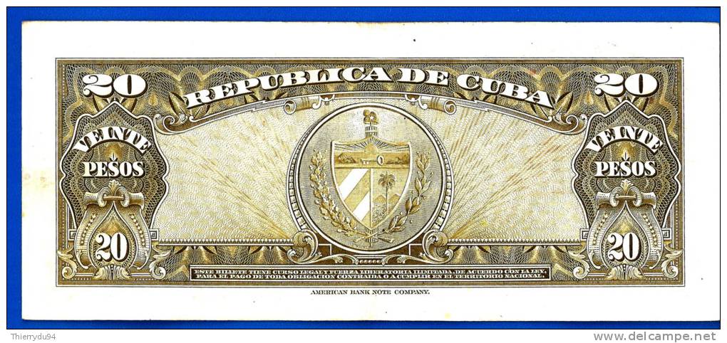 Cuba 20 Pesos 1958 Antonio Maceo Peso Centavos Caraibe Paypal Skrill OK - Cuba