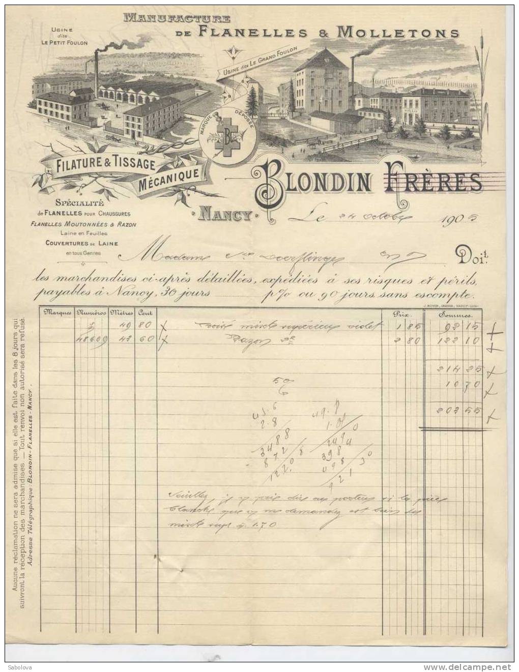 Facture  Blondin à Nancy Le Petit Et Le Grand Foulon Manufacture Flanelles Et Molletons Filature - Otros & Sin Clasificación
