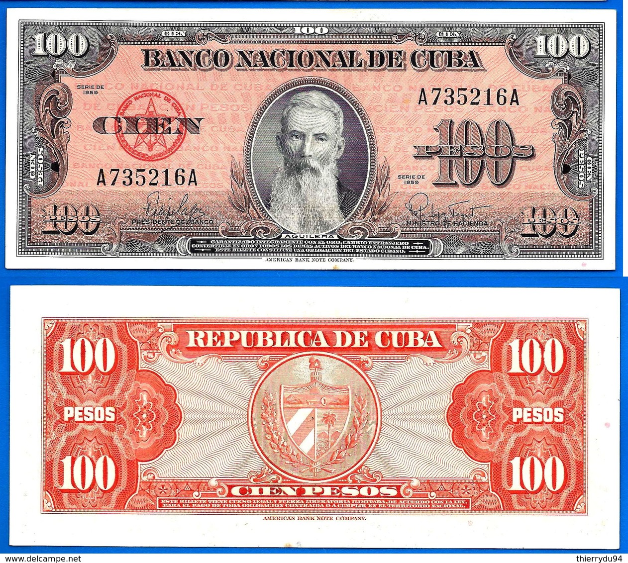 Cuba 100 Pesos 1959 Serie A Aguilera Peso Centavos Kuba Paypal Bitcoin OK - Cuba