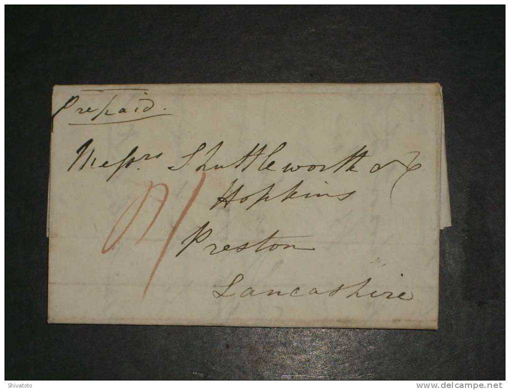 (1311) UK Stampless Cv To Preston 1841 Man "prepaid" Red Mark - ...-1840 Prephilately