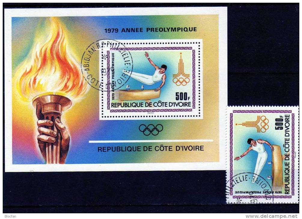 Sommer-Olympia Moskau 1980 Turnen Am Pferd Elfenbeinküste 619 Plus Block 15 O 4€ Olympic Flames Bloc Sheet Of Africa - Côte D'Ivoire (1960-...)