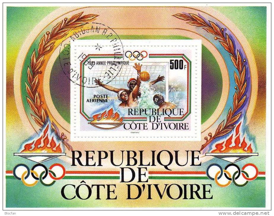 Sommer-Olympia Los Angeles 1983 Wasserball Elfenbeinküste 791 Plus Block 25 O 4€ Olympics Flames Bloc Sheet From Africa - Ivory Coast (1960-...)