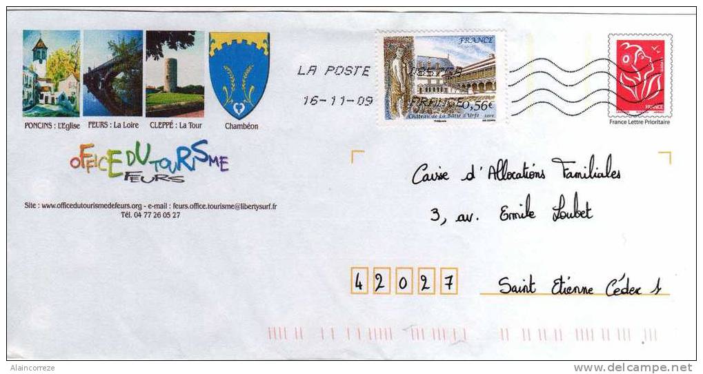 Entier Postal PAP Local Personnalisé Loire Office Du Tourisme Feurs Poncins Cleppé Tour Blason Chambéon - Prêts-à-poster: Repiquages /Lamouche