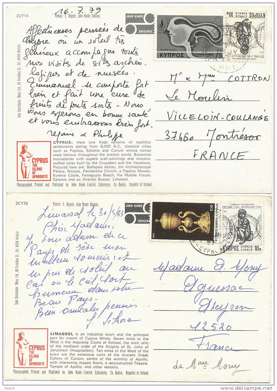 Greetings From Cyprus And Limassol 2 Cards Postally Used 1979 And 1983 10 By 15 Cms - Chypre