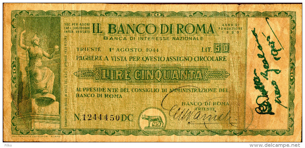 Italy 50 Lit,1944 Assegno Circolare,il Banko Di Roma,Trieste:01.08.1944,as Sca - Other & Unclassified