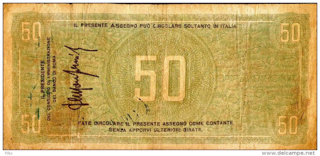 Italy 50 Lit,1944 Assegno Circolare,il Banko Di Roma,Trieste:01.08.1944,as Sca - Autres & Non Classés