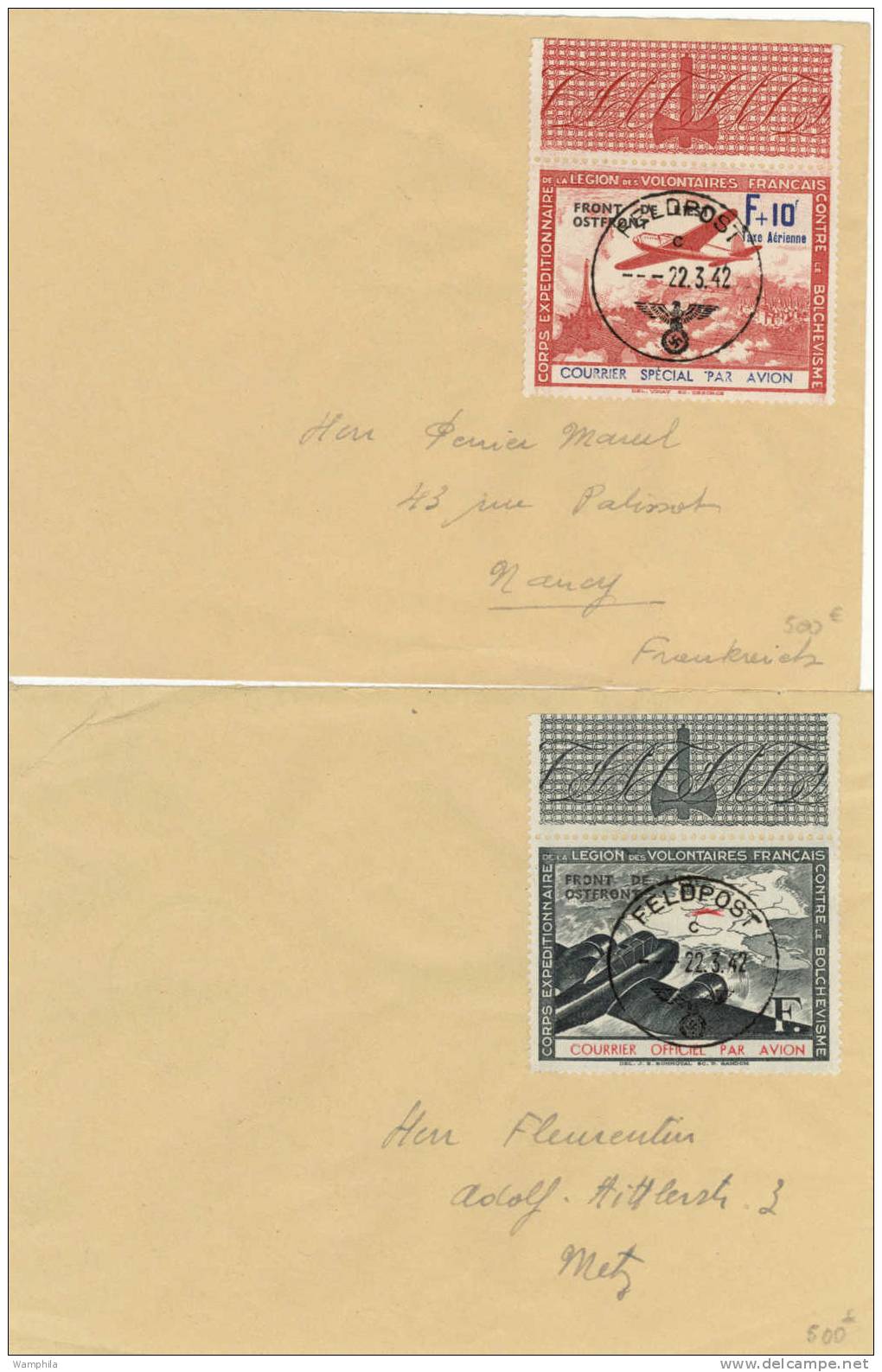 Légion Des Volontaires Français Contre Le Bolchevisme N° 4/5 Lettres Du 22.3.1942 Pour Metz Et Nancy - War Stamps