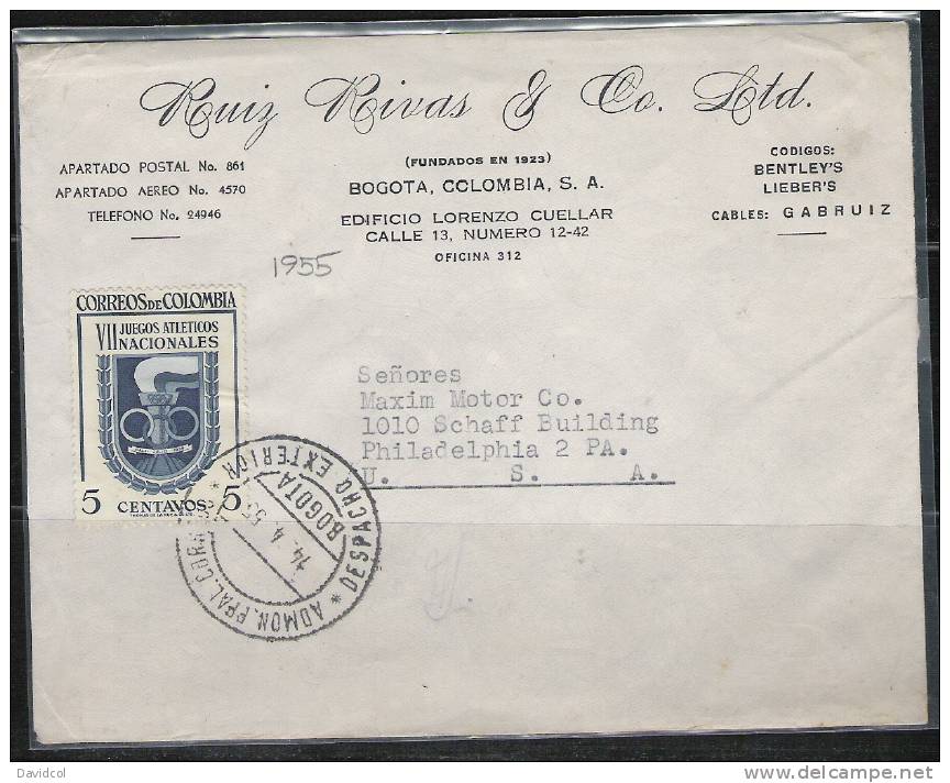 C21.-. KOLUMBIEN / COLOMBIA .-. 1954.-. MI#: 690 . SPORTS / DEPORTES.-. CIRCULATED COVER, VII NATIONAL GAMES - Colombie
