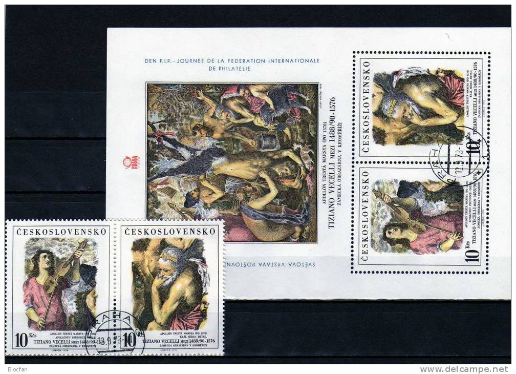 FIP Aufdruck Zur PRAGA 1978 CSSR 2463/4,ZD Plus Block 38 O 56€ Plus E-Karte Gemälde-Detail Von Tizian Art Sheet Bf CSR - Used Stamps