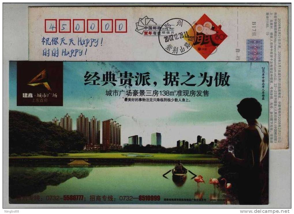 Lake James Flamingo Bird,the Puna Flamingo,China 2008 Jianxin Real Estate Company Advertising Postal Stationery Card - Flamingos