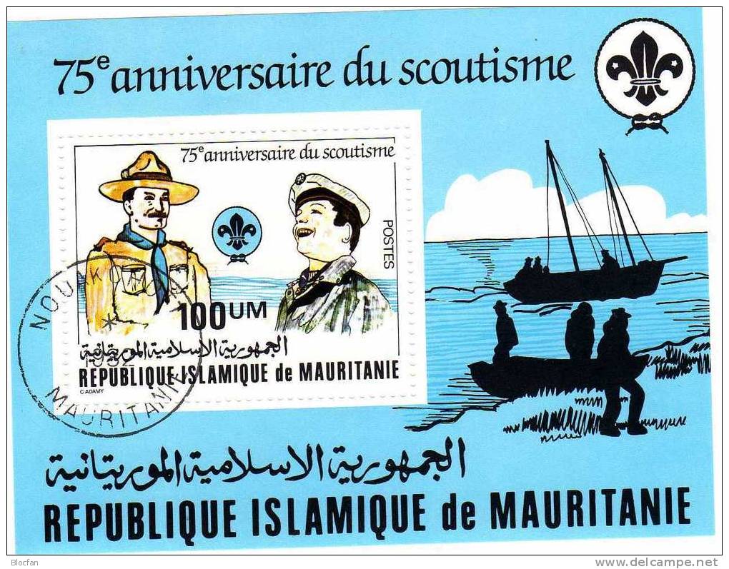 75 Jahre Pfadfinder 1982 Segelschiff Pfadfinder Am Strand Mauretanien 748 Plus Block 33 O 4€ Lord Powell Sheet Of Africa - Mauritanie (1960-...)