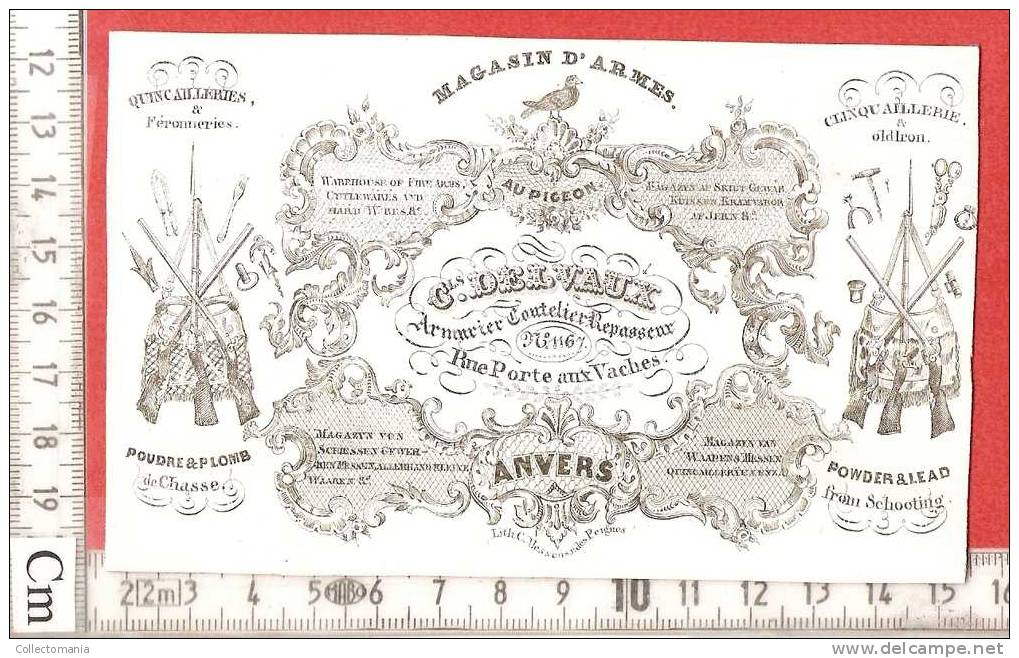 Porseleinkaart 1850 Carte Porcelaine  ANVERS  C Delvaux WAPENS ARMES   Au Pigeon Taube Paloma Jacht Jagen Chasse Chasser - Porcelaine