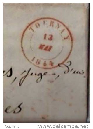BELGIQUE : 1844:Précurseur:TOURNAY Pour YPRES.Cachets Tournay Et Ypres Double Cercle Rouge.Avec Texte. - 1830-1849 (Belgique Indépendante)
